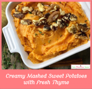 Creamy Mashed Sweet Potatoes with Fresh Thyme #thanksgivingmeal #sweetpotatoes #cleaneatingrecipes