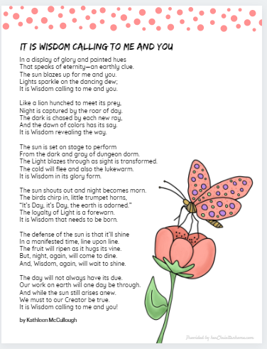 Poem printable - It is Wisdom Calling to Me and You by Kathleen McCullough
